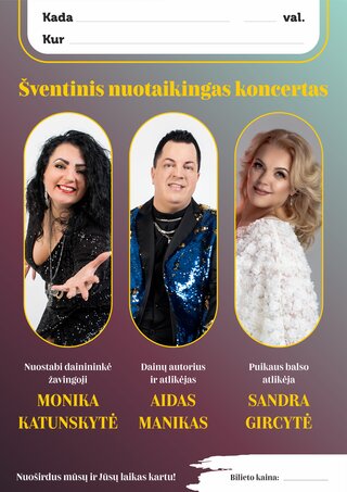 Pirkti bilietus Šventinis nuotaikingas koncertas | Monika Katunskytė, Aidas Manikas, Sandra Gircytė Biržai, Biržų kultūros centras Kovas 06