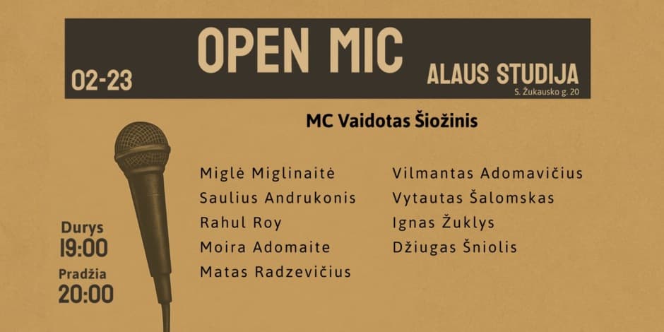 Pirkti bilietus Open mic Alaus studija Vilnius, Alaus studija Vasaris 23