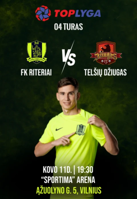 Pirkt biļetes TOPLYGA futbolo rungtynės FK Riteriai – Džiugas Vilnius, SPORTIMA arena Marts 11