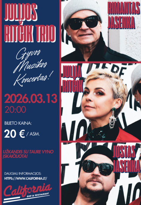 Pirkti bilietus Julija Ritčik trio koncertas Vilnius, California Bar & Restaurant Kovas 13