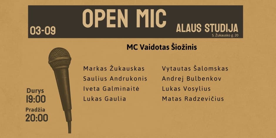 Pirkti bilietus Open mic Alaus studija Vilnius, Alaus studija Kovas 09