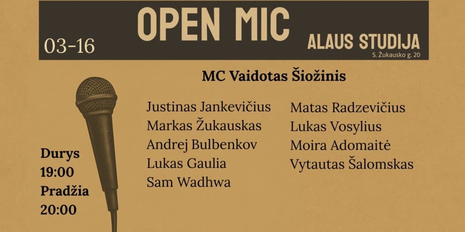 Pirkti bilietus Open mic Alaus studija Vilnius, Alaus studija Kovas 16