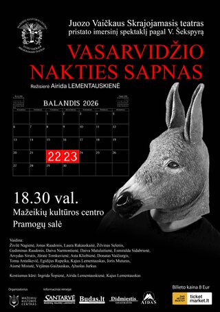 Pirkti bilietus Imersinis spektaklis pagal V. Šekspyrą „Vasarvidžio nakties sapnas“ N-14 Mažeikiai, Mažeikių kultūros centro Pramogų salė Balandis 23