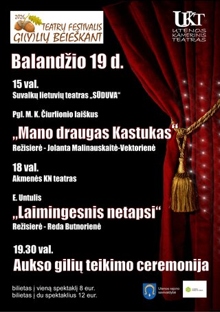 Buy tickets Teatrų festivalis „Gi(y)lių beieškant”. Dienos bilietas Utena, Utenos Kamerinis teatras April 19