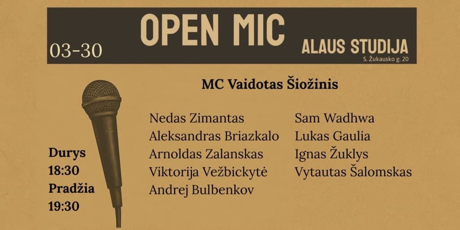 Pirkti bilietus Open mic Alaus studija Vilnius, Alaus studija Kovas 30