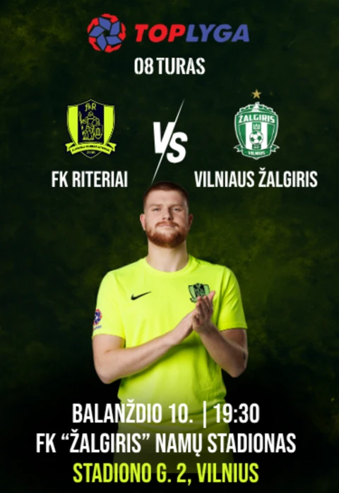 Buy tickets TOPLYGA futbolo rungtynės FK Riteriai – FK Žalgiris Vilnius, Žalgirio namų stadionas April 10