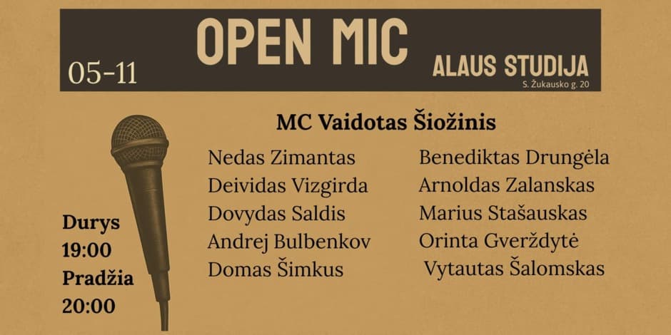 Pirkti bilietus Open mic Alaus studija Vilnius, Alaus studija Gegužė 11