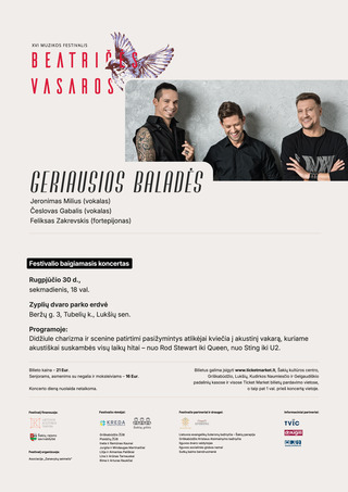 Pirkti bilietus Beatričės vasaros festivalis | Baigiamasis koncertas „GERIAUSIOS BALADĖS“ Beržų g. 3, Tubelių k., Lukšių sen., Zyplių dvaro parko erdvė Rugpjūtis 30