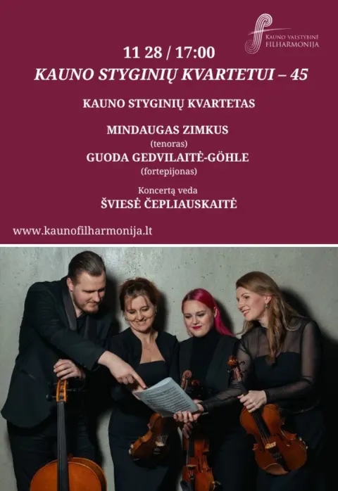Pirkti bilietus KAUNO STYGINIŲ KVARTETUI – 45 Kaunas, Kauno valstybinė filharmonija Lapkritis 28