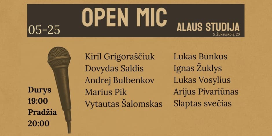 Pirkti bilietus Open mic Alaus studija Vilnius, Alaus studija Gegužė 25