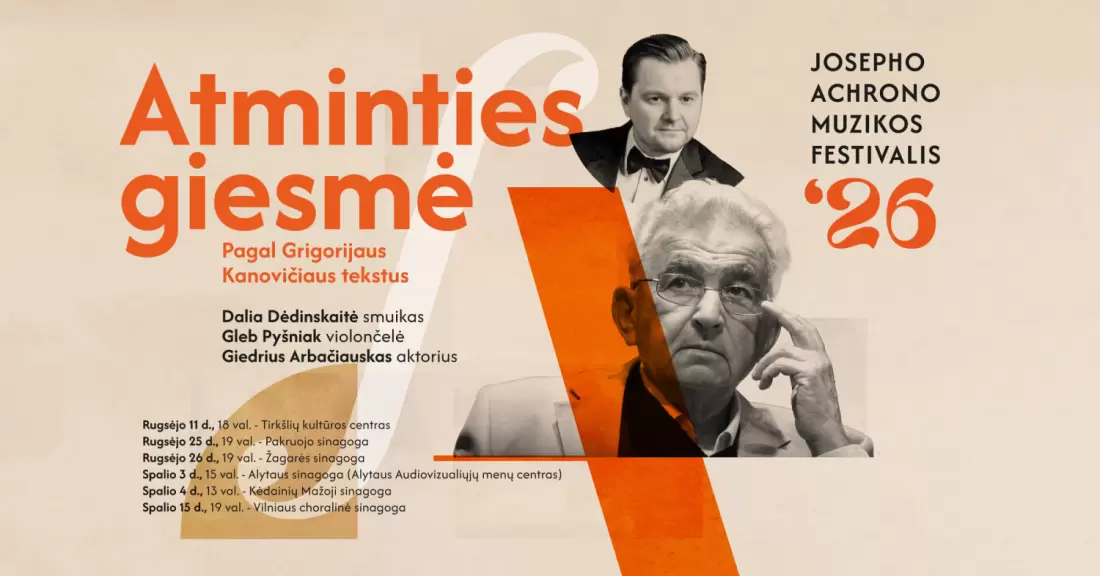 Pirkti bilietus Atminties giesmė: Giedrius Arbačiauskas, Dalia Dėdinskaitė,Gleb Pyšniak Vilnius, Vilniaus choralinė sinagoga Spalis 15