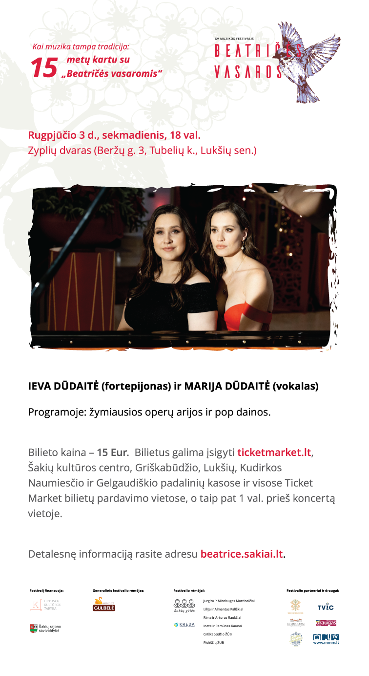 Pirkti bilietus Muzikos festivalis „Beatričės vasaros“. Ieva Dūdaitė (fortepijonas) ir Marija Dūdaitė (vokalas) Marijampolė, Marijampolės futbolo arena (stadionas) Rugpjūtis 03