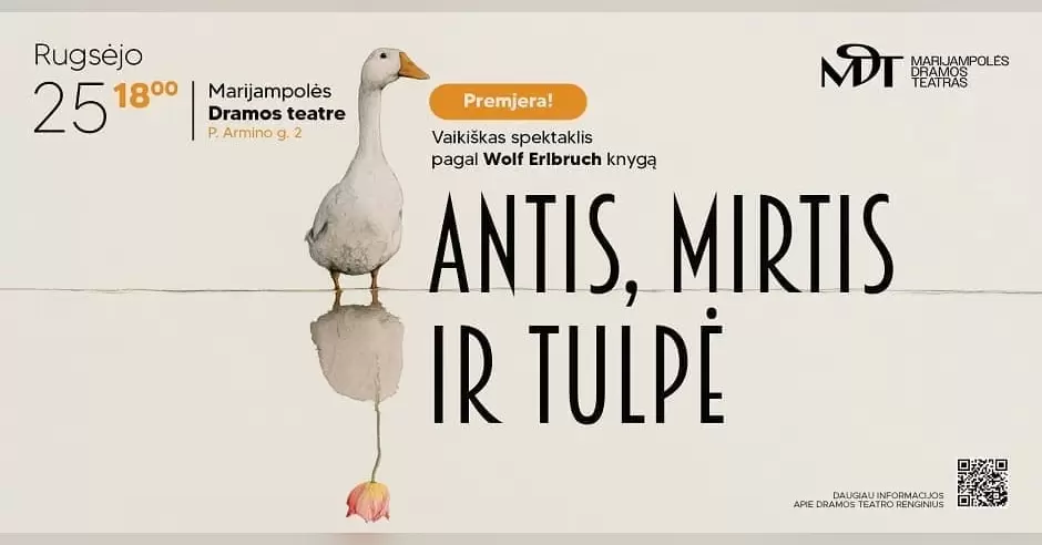 Pirkti bilietus 2026-09-25 | PREMJERA „ANTIS, MIRTIS IR TULPĖ“ │Dramos teatras Marijampolė, Marijampolės dramos teatras Rugsėjis 25
