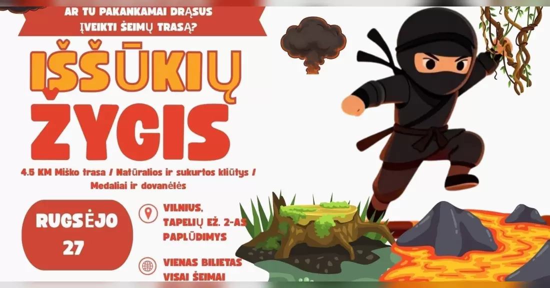 Pirkti bilietus Iššūkių žygis Vilniuje - 4,5 km šeimų trasa su kliūtimis drąsiems žygeiviams Vilnius, Tapelių ežero paplūdimys II Rugsėjis 27