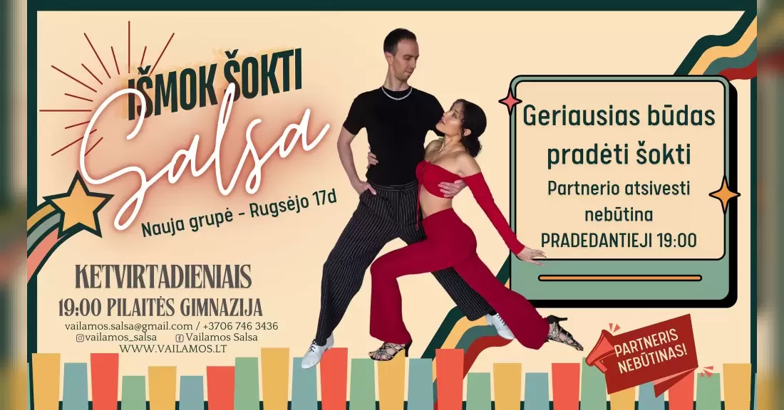 Pirkti bilietus SALSA PAMOKA pradinukams Vilnius, Vilniaus Pilaitės gimnazija Rugsėjis 17