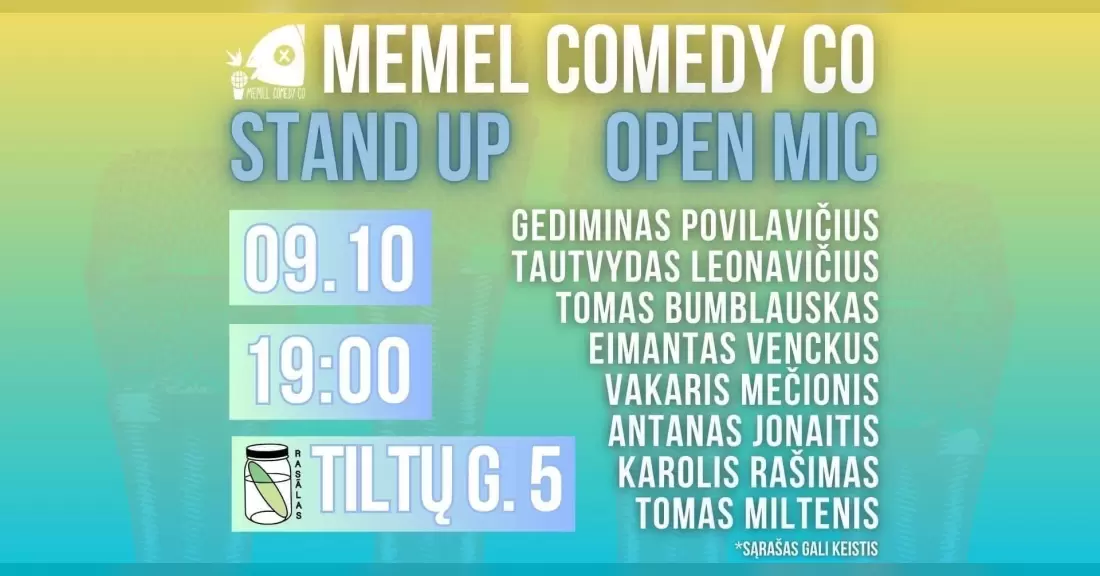 Pirkti bilietus STAND UP Open Mic - Memel Comedy Co - (09.10) Klaipėda / baras Rasãlas Klaipėda, Baras Rasãlas Rugsėjis 10