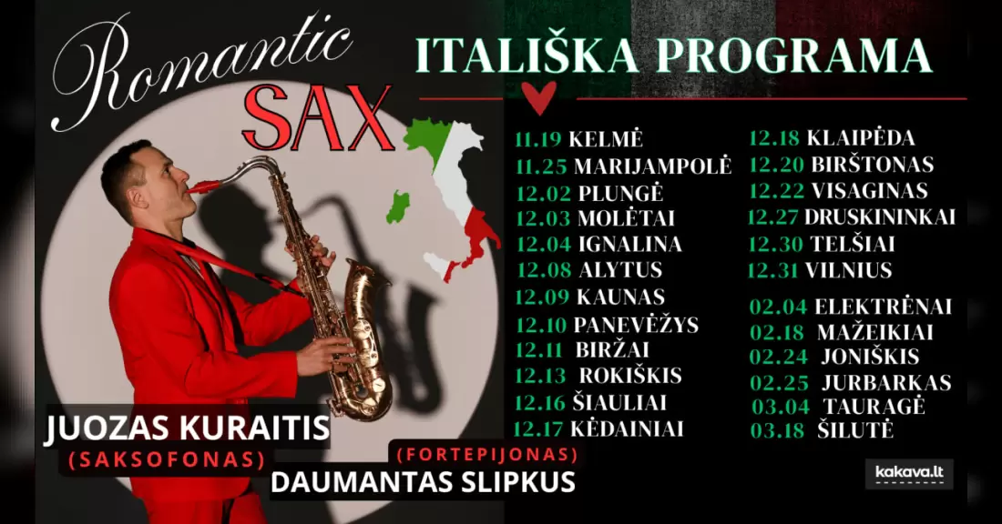 Pirkti bilietus „ROMANTIC SAX“ – ITALIŠKA PROGRAMA / JUOZAS KURAITIS (saksofonas) Mažeikiai, Mažeikių kultūros centras 2027 Vasaris 18
