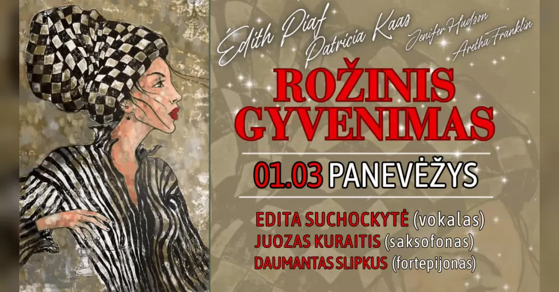 Pirkti bilietus ROŽINIS GYVENIMAS - Edita Suchockytė (vokalas), Juozas Kuraitis (saksofonas), Daumantas Slipkus (fortepijonas) Panevėžys, Panevėžio muzikinis teatras 2027 Sausis 03