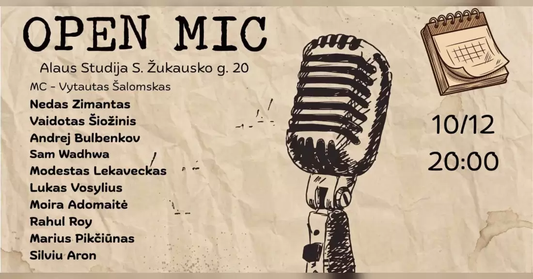 Pirkti bilietus Open mic Alaus Studija Vilnius, Alaus studija Spalis 12