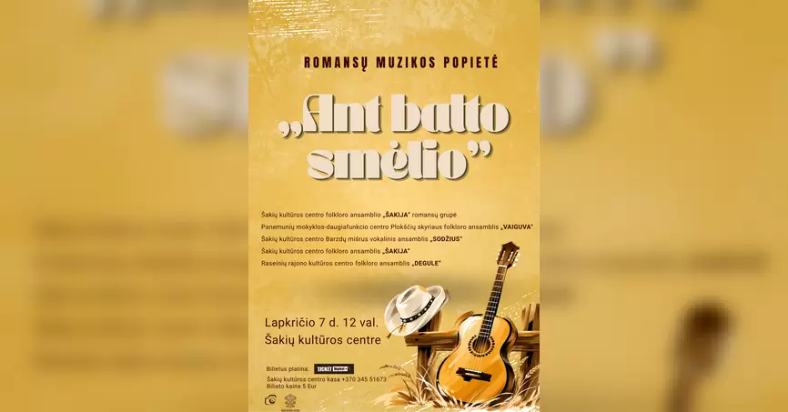 Pirkti bilietus Romansų muzikos popietė „Ant balto smėlio“ Šakiai, Šakių kultūros centras Lapkritis 07