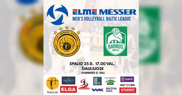 Pirkti bilietus ELME MESSER Baltijos vyrų tinklinio lygos rungtynės | Šiaulių „Elga-Grafaitė-S-Sportas“ (LTU) – Võru „Barrus Võru“ VK (EST) Šiauliai, Sporto centras Dubysa Spalis 25