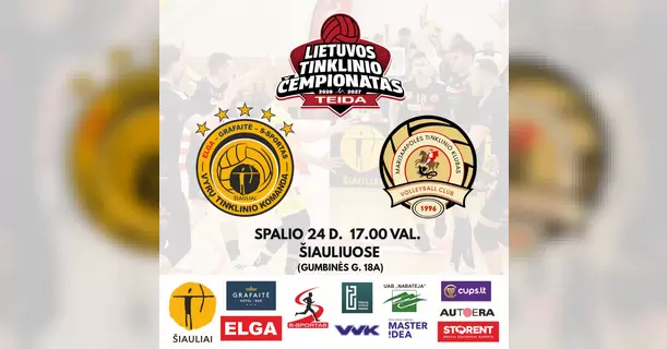 Pirkti bilietus TEIDA Lietuvos vyrų tinklinio čempionato rungtynės | Šiaulių „Elga-Grafaitė-S-Sportas“ – Marijampolės „Sūduva“ Šiauliai, Sporto centras Dubysa Spalis 24