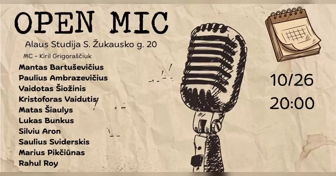 Pirkti bilietus Open mic Alaus Studija Vilnius, Alaus studija Spalis 26