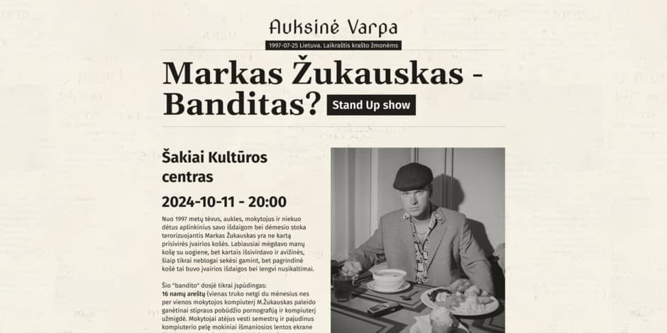 Pirkti bilietus Markas Žukauskas - Banditas? Stand up Šakiai Šakiai, Šakių kultūros centras Spalis 11