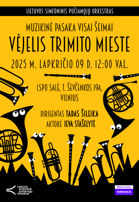Buy tickets MUZIKINĖ PASAKA „VĖJELIS TRIMITO MIESTE“ | LSPO Vilnius, LSPO repeticijų salė November 09