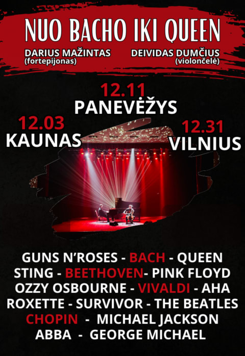 Pirkt biļetes „Nuo Bacho iki Queen“ – Deividas Dumčius (violončelė) ir Darius Mažintas (fortepijonas) Vilnius, Adomo Mickevičiaus viešoji biblioteka Decembris 31