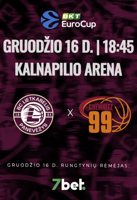 Pirkti bilietus EuroCup rungtynės: Panevėžio „Lietkabelis“ – Chemnico „Niners“ Panevėžys, Kalnapilio arena Gruodis 16