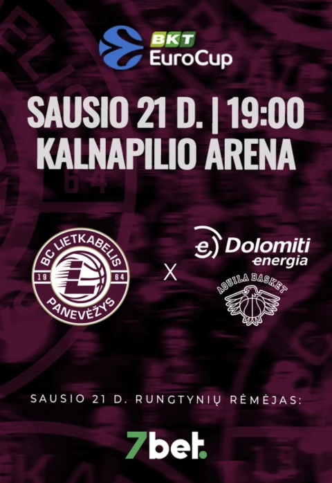 Pirkti bilietus EuroCup rungtynės:  „Lietkabelis“ – Trento „Dolomiti Energia“ Panevėžys, Kalnapilio arena Sausis 21