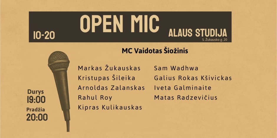 Pirkti bilietus Open mic Alaus studija Vilnius, Alaus studija Spalis 20