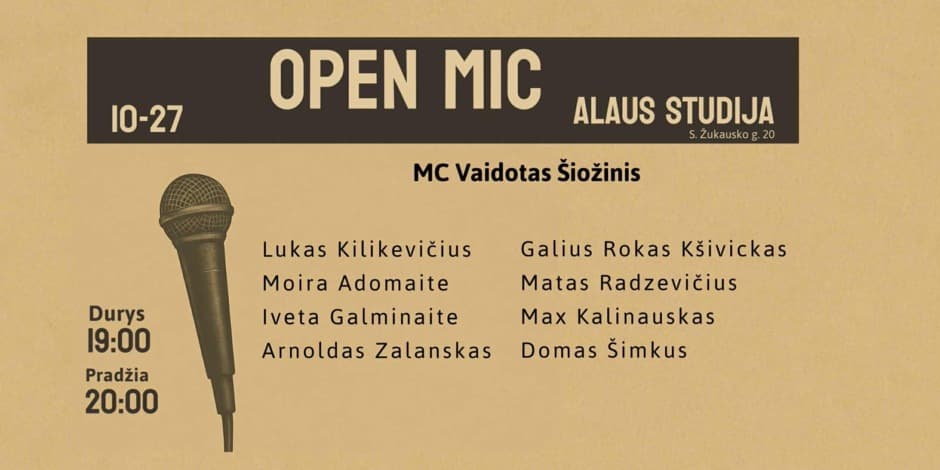 Pirkti bilietus Open mic Alaus studija Vilnius, Alaus studija Spalis 27