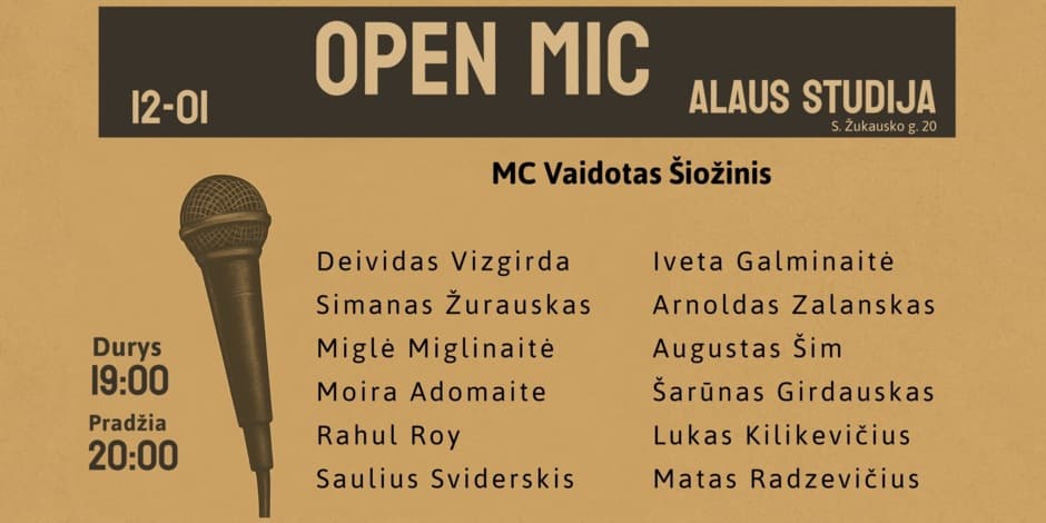 Pirkti bilietus Open mic Alaus studija Vilnius, Alaus studija Gruodis 01