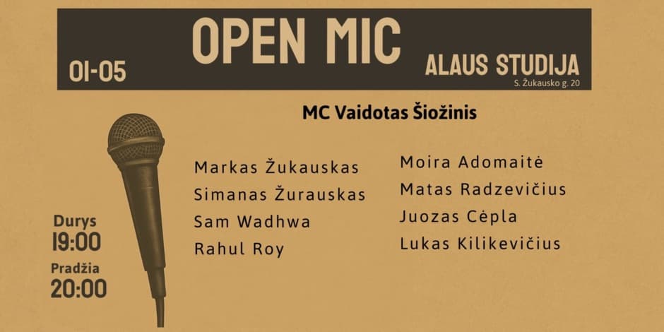 Pirkti bilietus Open mic Alaus studija Vilnius, Alaus studija Sausis 05