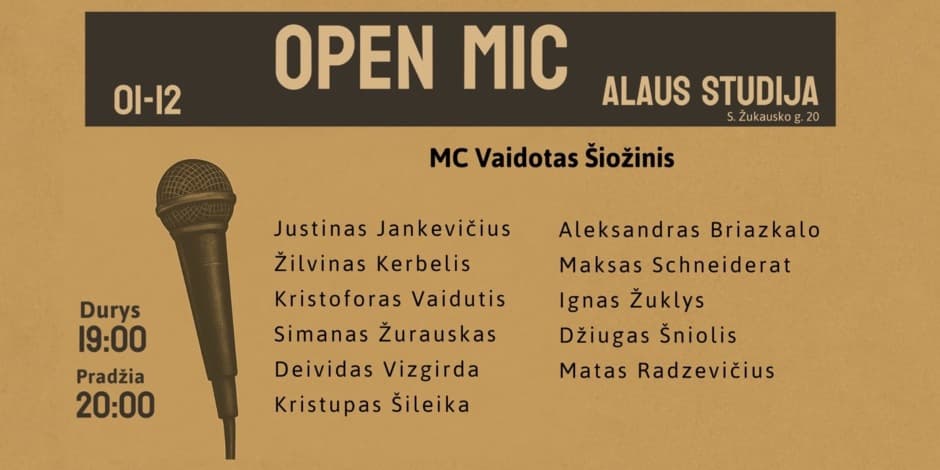 Pirkti bilietus Open mic Alaus studija Vilnius, Alaus studija Sausis 12
